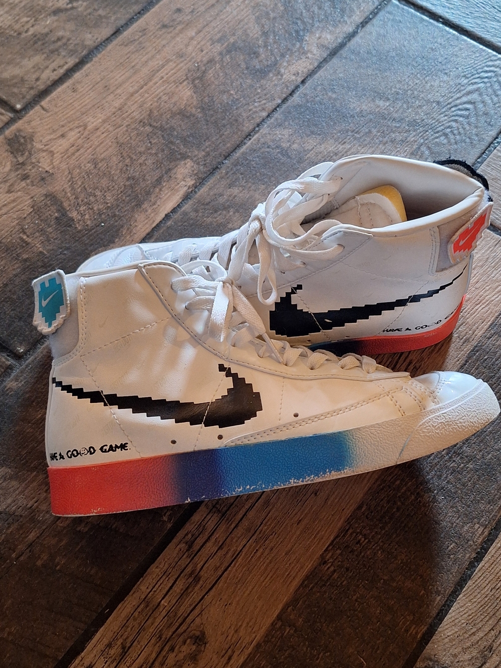 Nike Blazer Mid Pixel Swoosh White with Black and Gradient Red-Blue Midsole